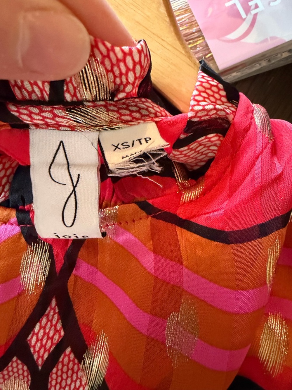 Joie Red Pink and Black Printed Long-Sleeve Blouse - Picture 4 of 4